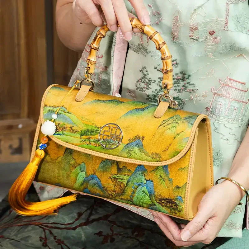 Rivers and Mountains Embroidered on Silk Handbag
